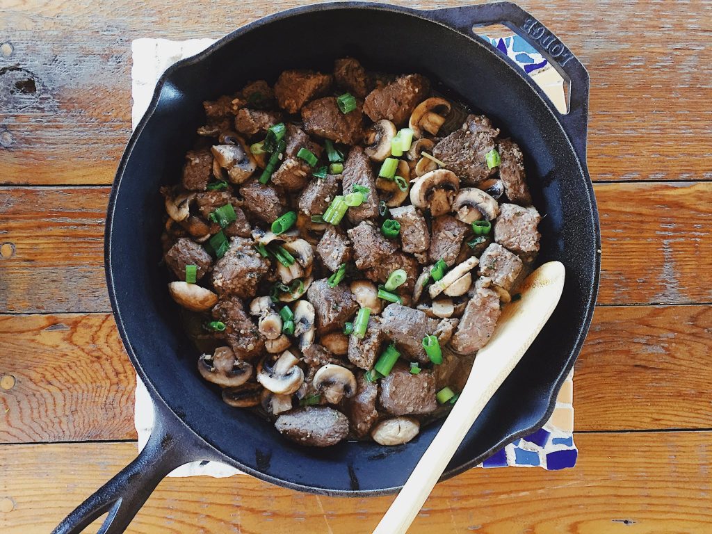 Marinated Cubed Sirlon with Sauteed Mushrooms